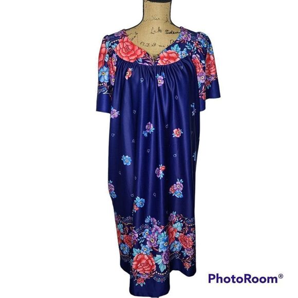 Vintage 70's Navy Blue Pink Purple Floral Mumu House Dress - Picture 1 of 10